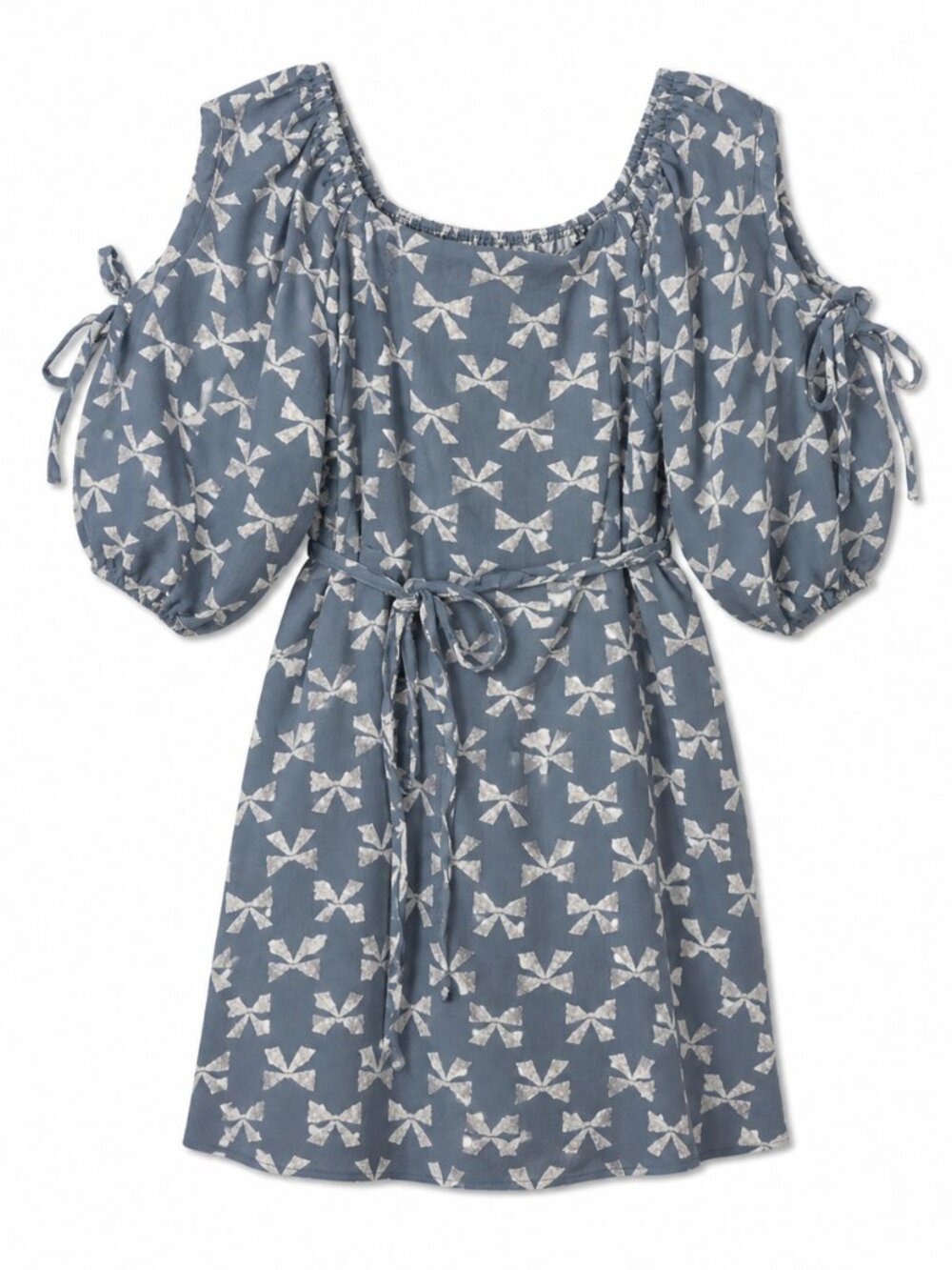 Bow Print Cold-Shoulder Dress in Dusty Blue and White, Size Small